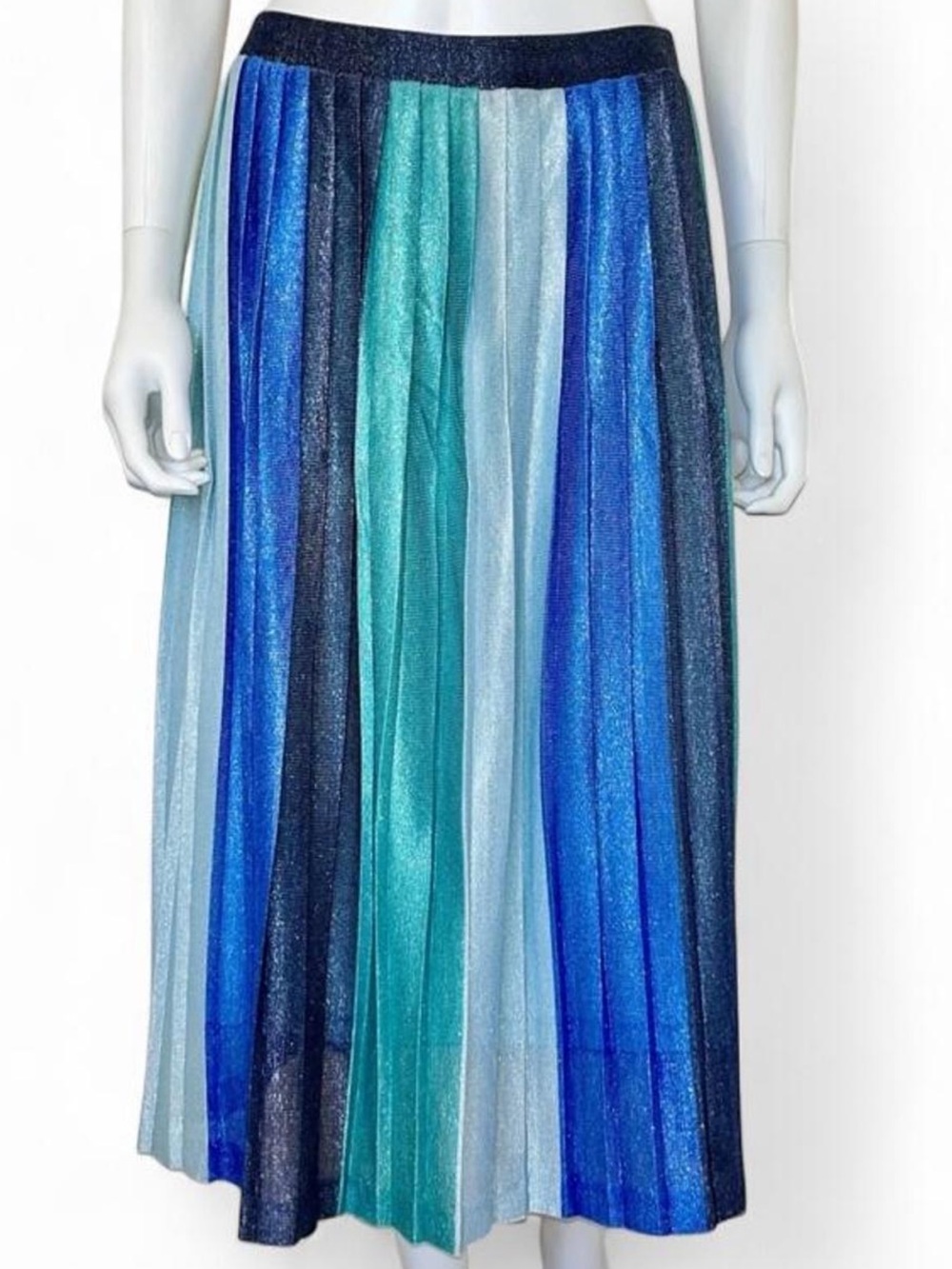 Maeve Anthropologie Sunburst Pleated Metallic Stripe Midi Skirt Large Blue